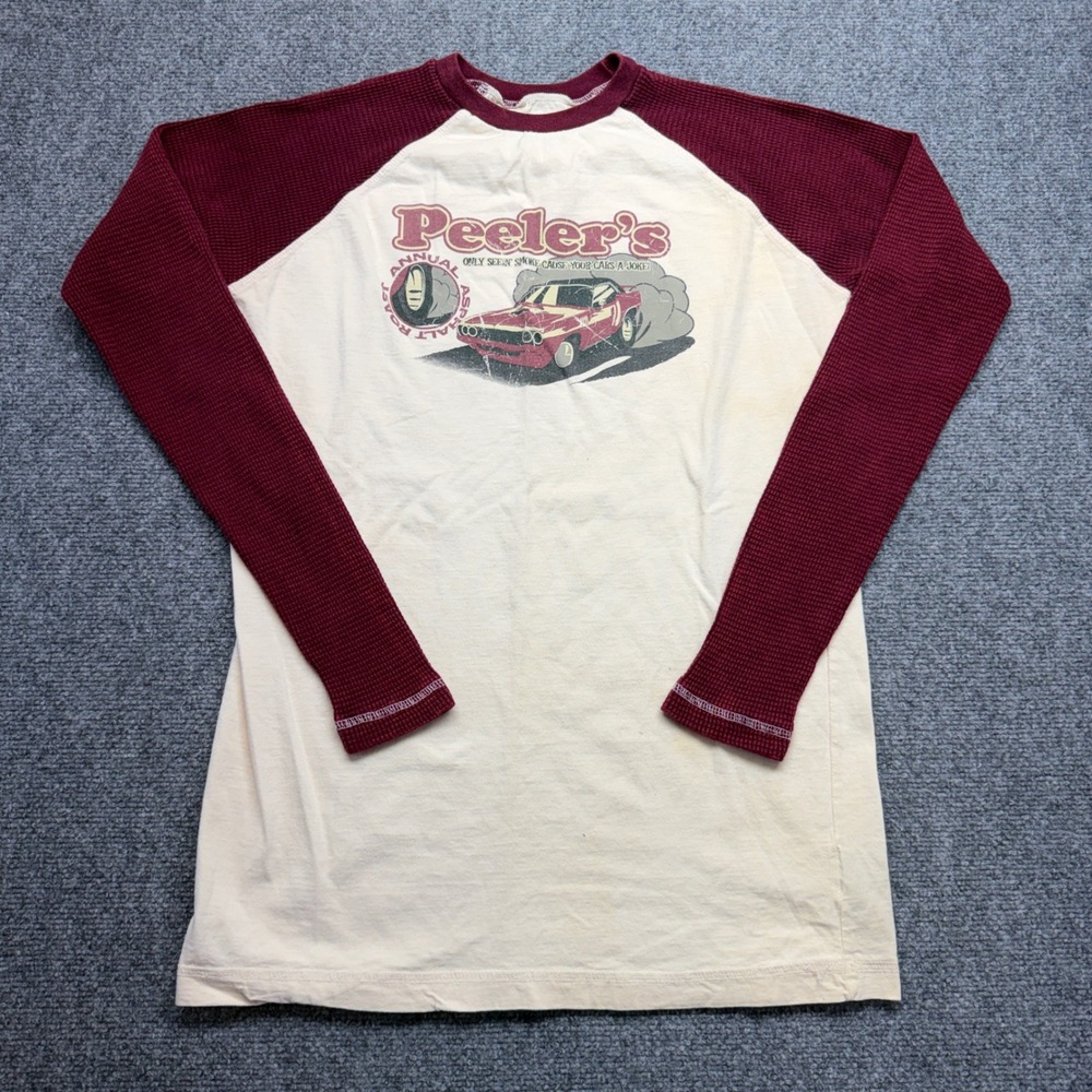 Arizona Jean Co Womens Waffle Knit Raglan Peeler's Car Graphic Tee Burgundy S